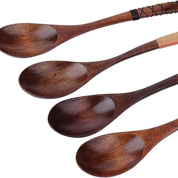 NEW! 4pc-Handmade Japanese Style Wooden Soup Spoons with Tied Line on Handle - Picture 2 of 5